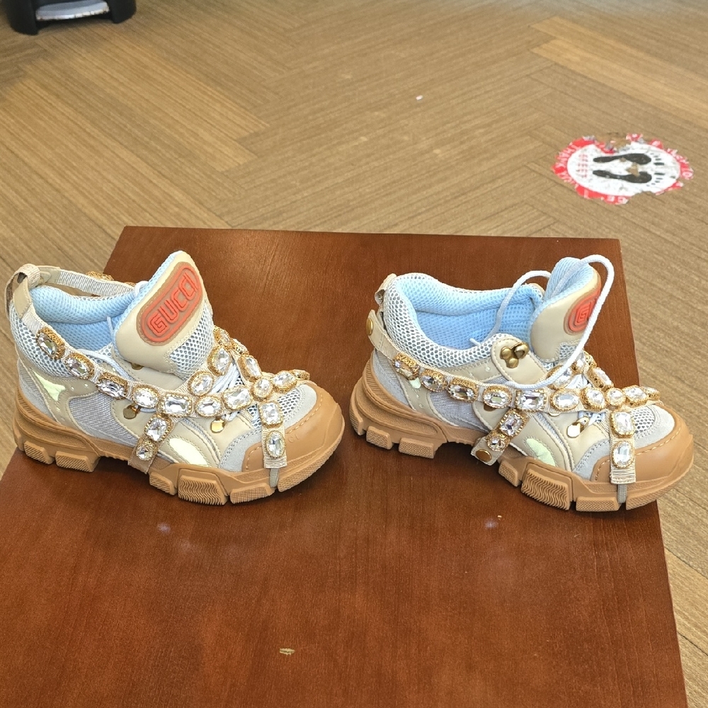 Gucci Tan and White Chunky Sneakers with Crystal Embellishments